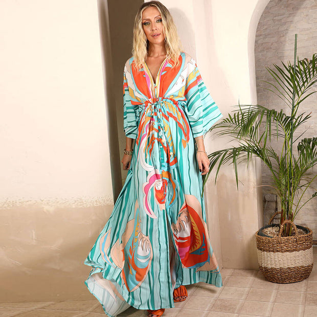 Colorful Abstract Print Maxi Dress with Plunging V Neckline and 3/4 Sleeves – Long Dresses for Women-Cramta