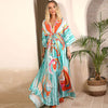Colorful Abstract Print Maxi Dress with Plunging V Neckline and 3/4 Sleeves – Long Dresses for Women-Cramta