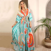 Colorful Abstract Print Maxi Dress with Plunging V Neckline and 3/4 Sleeves – Long Dresses for Women-Cramta