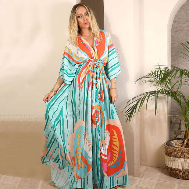 Colorful Abstract Print Maxi Dress with Plunging V Neckline and 3/4 Sleeves – Long Dresses for Women-Cramta