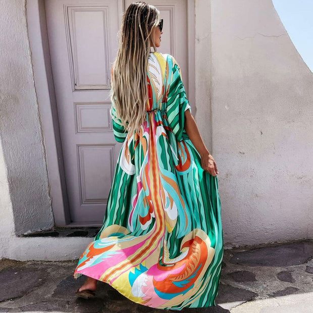 Colorful Abstract Print Maxi Dress with Plunging V Neckline and 3/4 Sleeves – Long Dresses for Women-Cramta