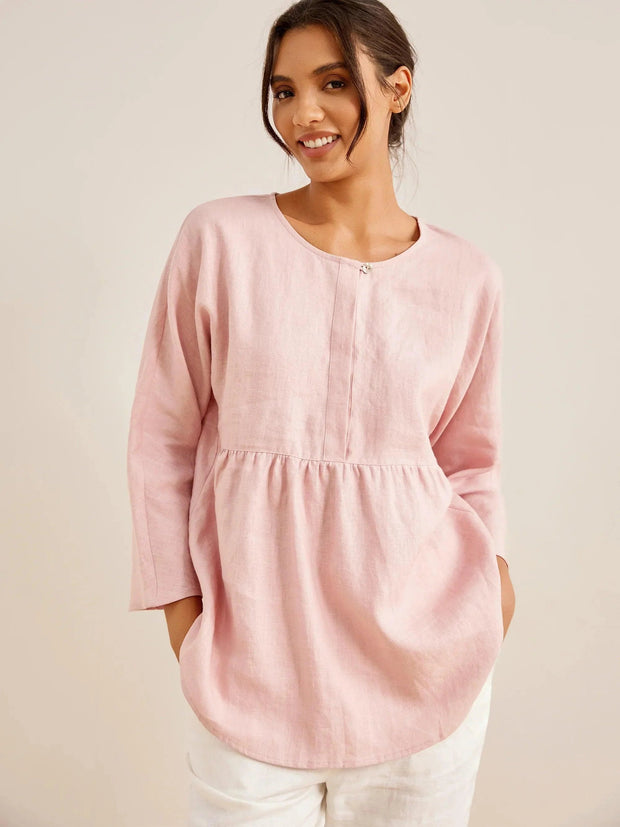 Comfortable Linen Long-Sleeved Women's Top with Pleated Waistline – Casual Blouse for Everyday Wear