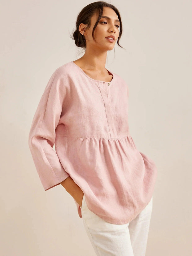 Comfortable Linen Long-Sleeved Women's Top with Pleated Waistline – Casual Blouse for Everyday Wear