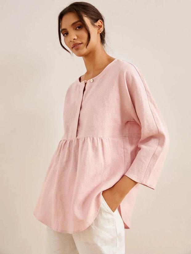 Comfortable Linen Long-Sleeved Women's Top with Pleated Waistline – Casual Blouse for Everyday Wear