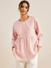 Comfortable Linen Long-Sleeved Women's Top with Pleated Waistline – Casual Blouse for Everyday Wear