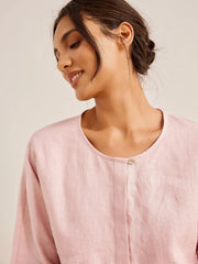 Comfortable Linen Long-Sleeved Women's Top with Pleated Waistline – Casual Blouse for Everyday Wear