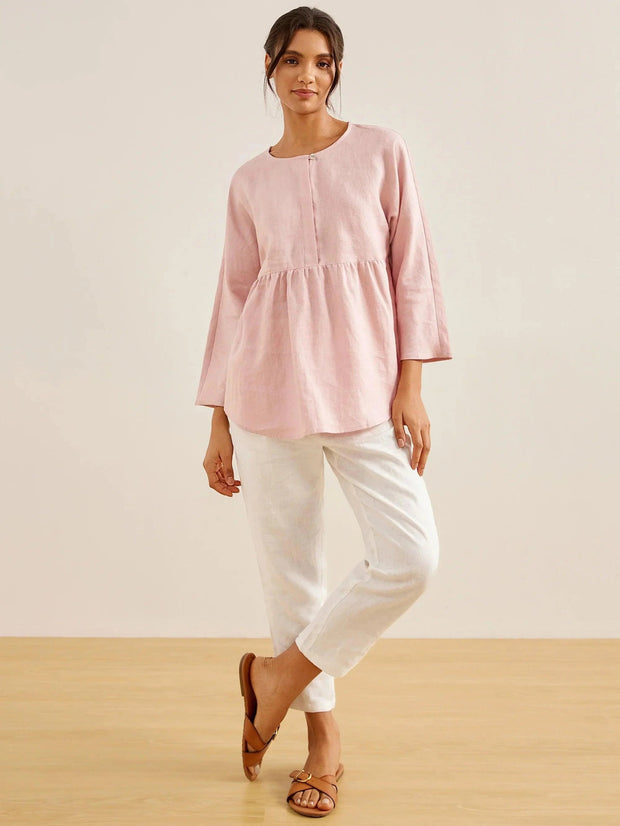 Comfortable Linen Long-Sleeved Women's Top with Pleated Waistline – Casual Blouse for Everyday Wear