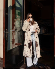 Dallas Faux Fur Cow Print Coat – Cozy Longline Jacket for Bold Fashion Statements