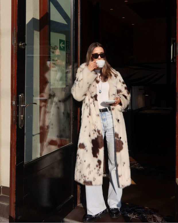 Dallas Faux Fur Cow Print Coat – Cozy Longline Jacket for Bold Fashion Statements
