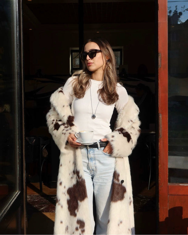 Dallas Faux Fur Cow Print Coat – Cozy Longline Jacket for Bold Fashion Statements