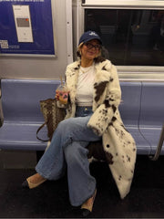 Dallas Faux Fur Cow Print Coat – Cozy Longline Jacket for Bold Fashion Statements