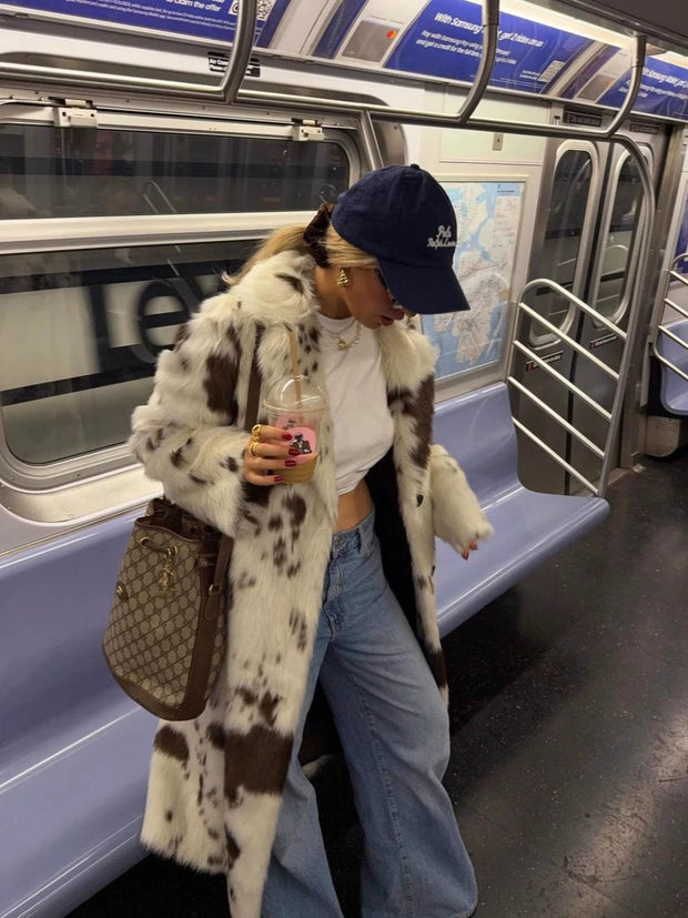 Dallas Faux Fur Cow Print Coat – Cozy Longline Jacket for Bold Fashion Statements