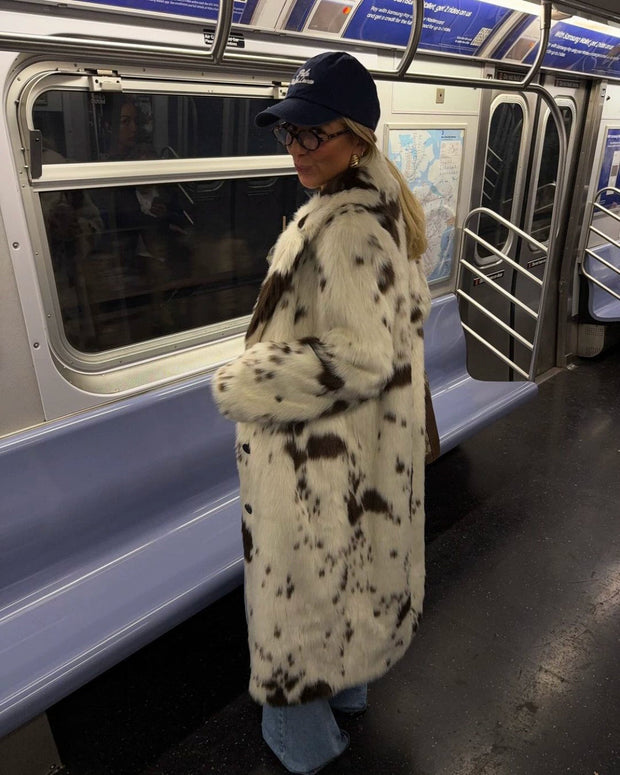 Dallas Faux Fur Cow Print Coat – Cozy Longline Jacket for Bold Fashion Statements