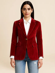 Deep Emerald Velvet Blazer with Gold Button Accents – Elegant Tailored Fit for Women