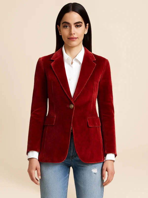 Deep Emerald Velvet Blazer with Gold Button Accents – Elegant Tailored Fit for Women