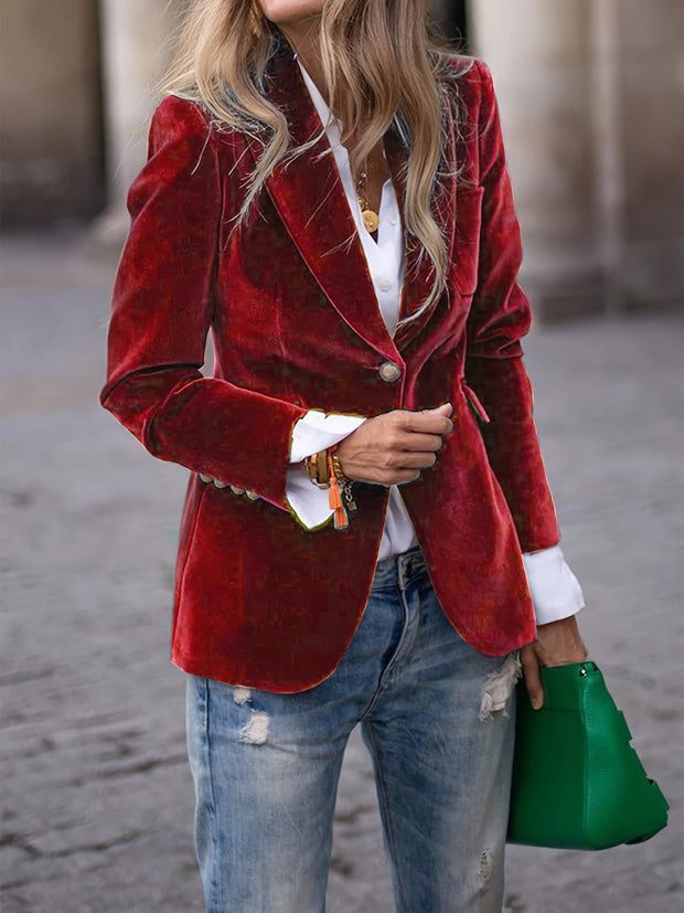 Deep Emerald Velvet Blazer with Gold Button Accents – Elegant Tailored Fit for Women