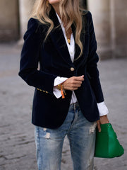Deep Emerald Velvet Blazer with Gold Button Accents – Elegant Tailored Fit for Women
