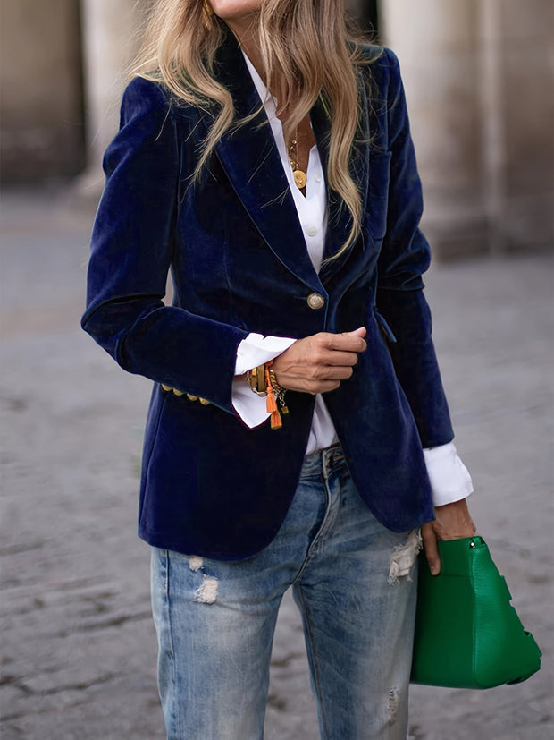 Deep Emerald Velvet Blazer with Gold Button Accents – Elegant Tailored Fit for Women