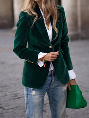 Deep Emerald Velvet Blazer with Gold Button Accents – Elegant Tailored Fit for Women