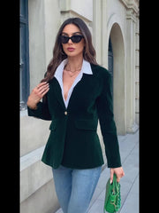 Deep Emerald Velvet Blazer with Gold Button Accents – Elegant Tailored Fit for Women