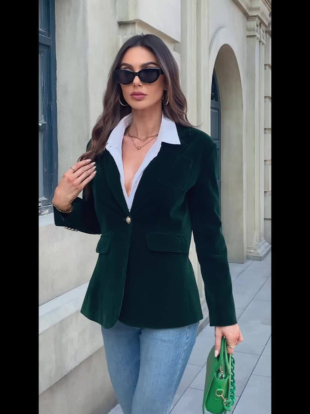 Deep Emerald Velvet Blazer with Gold Button Accents – Elegant Tailored Fit for Women