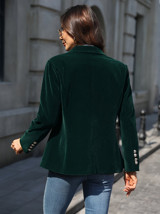 Deep Emerald Velvet Blazer with Gold Button Accents – Elegant Tailored Fit for Women