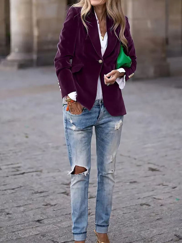 Deep Emerald Velvet Blazer with Gold Button Accents – Elegant Tailored Fit for Women