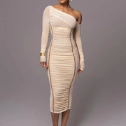 Diagonal Collar Dress in 100% Polyester with Slight Stretch – Elegant and Comfortable Fit-Cramta