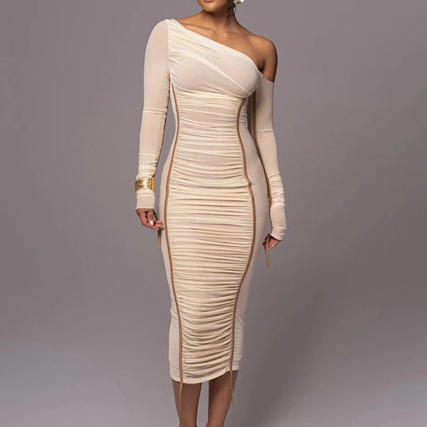 Diagonal Collar Dress in 100% Polyester with Slight Stretch – Elegant and Comfortable Fit-Cramta