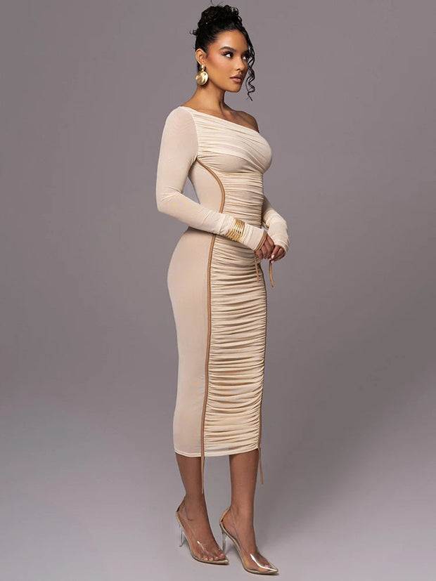 Diagonal Collar Dress in 100% Polyester with Slight Stretch – Elegant and Comfortable Fit-Cramta