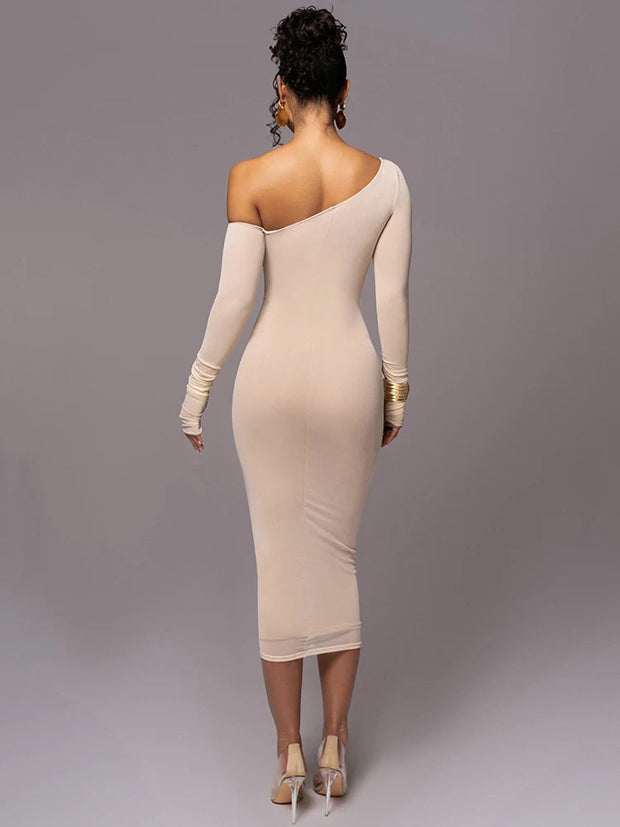 Diagonal Collar Dress in 100% Polyester with Slight Stretch – Elegant and Comfortable Fit-Cramta