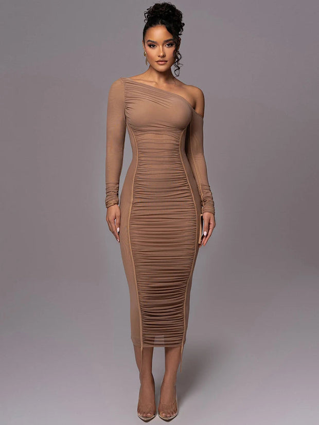 Diagonal Collar Dress in 100% Polyester with Slight Stretch – Elegant and Comfortable Fit-Cramta