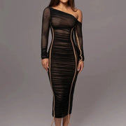 Diagonal Collar Dress in 100% Polyester with Slight Stretch – Elegant and Comfortable Fit-Cramta