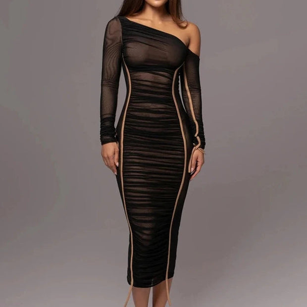 Diagonal Collar Dress in 100% Polyester with Slight Stretch – Elegant and Comfortable Fit-Cramta