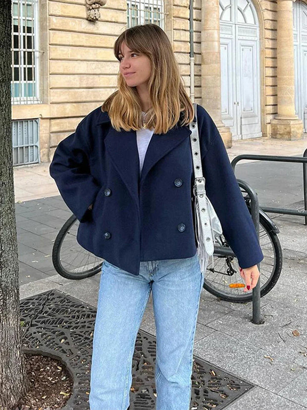 Double Breasted Cropped Women's Coat with Classic Lapels – Versatile Layer for Casual and Formal Style