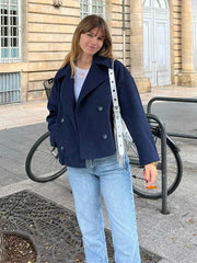Double Breasted Cropped Women's Coat with Classic Lapels – Versatile Layer for Casual and Formal Style