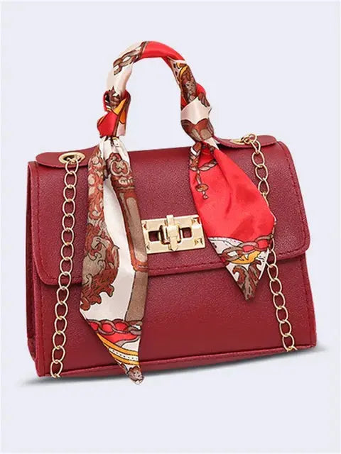 LumiElegance Brown Leather Handbag with Gold Details and Silky Scarf - Sophisticated Elegance-Cramta