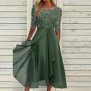 Elegant A-Line Women's Gown with Lace Embroidery and Sheer Sleeves – Formal Evening Dress for Special Occasions-Cramta