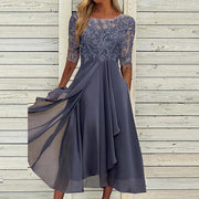 Elegant A-Line Women's Gown with Lace Embroidery and Sheer Sleeves – Formal Evening Dress for Special Occasions-Cramta