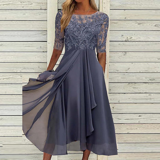 Elegant A-Line Women's Gown with Lace Embroidery and Sheer Sleeves – Formal Evening Dress for Special Occasions-Cramta