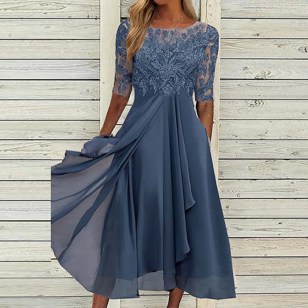 Elegant A-Line Women's Gown with Lace Embroidery and Sheer Sleeves – Formal Evening Dress for Special Occasions-Cramta