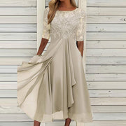 Elegant A-Line Women's Gown with Lace Embroidery and Sheer Sleeves – Formal Evening Dress for Special Occasions-Cramta