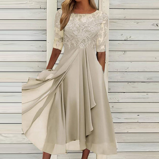 Elegant A-Line Women's Gown with Lace Embroidery and Sheer Sleeves – Formal Evening Dress for Special Occasions-Cramta