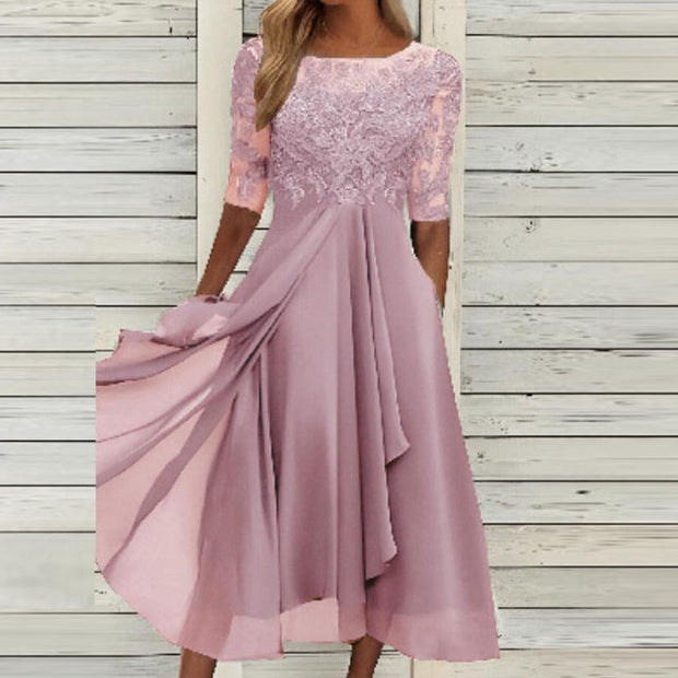 Elegant A-Line Women's Gown with Lace Embroidery and Sheer Sleeves – Formal Evening Dress for Special Occasions-Cramta