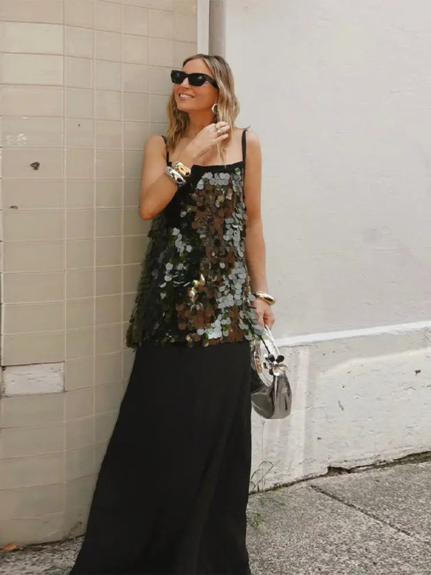 Elegant Anna Sequin Dress for Women – Polyester with Slight Stretch, Available in Multiple Sizes-Cramta