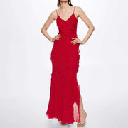Elegant Backless Maxi Dress with Embellishments – 100% Polyester, Perfect for Any Occasion-Cramta
