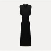 Elegant Black Midi Dress for Women - Long Sleeve, Stretch Polyester, Perfect for Any Occasion-Cramta