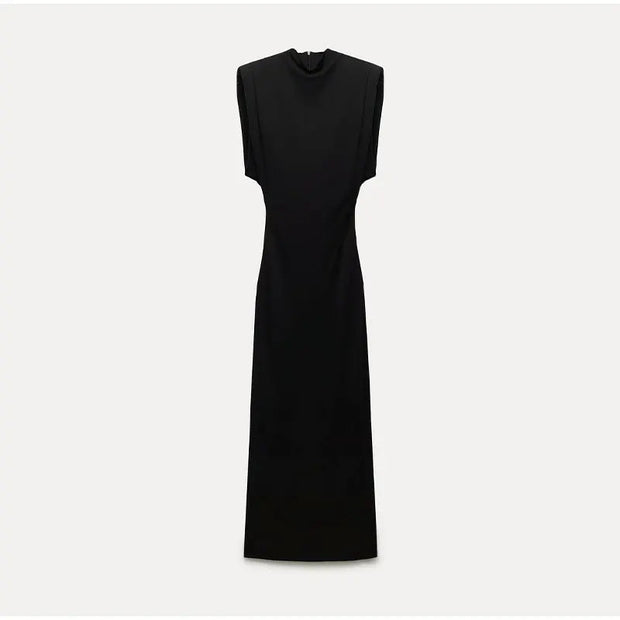 Elegant Black Midi Dress for Women - Long Sleeve, Stretch Polyester, Perfect for Any Occasion-Cramta