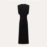 Elegant Black Midi Dress for Women - Long Sleeve, Stretch Polyester, Perfect for Any Occasion-Cramta