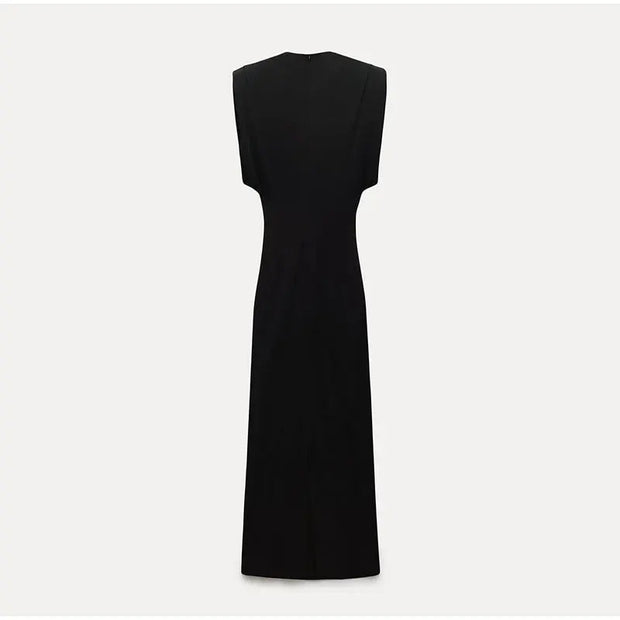 Elegant Black Midi Dress for Women - Long Sleeve, Stretch Polyester, Perfect for Any Occasion-Cramta